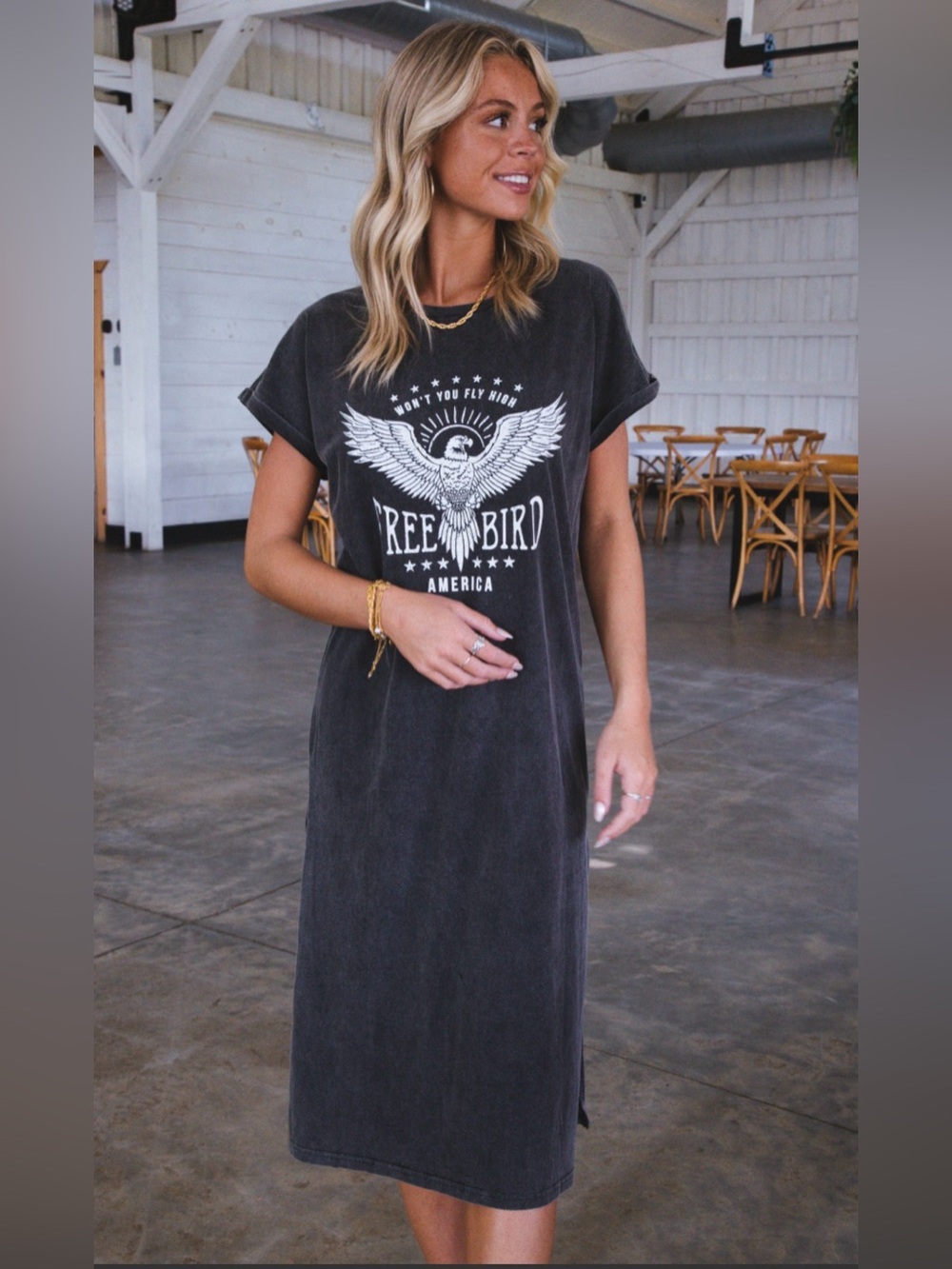 Zutter mineral wash cotton graphic t-shirt maxi dress with a Free Bird graphic